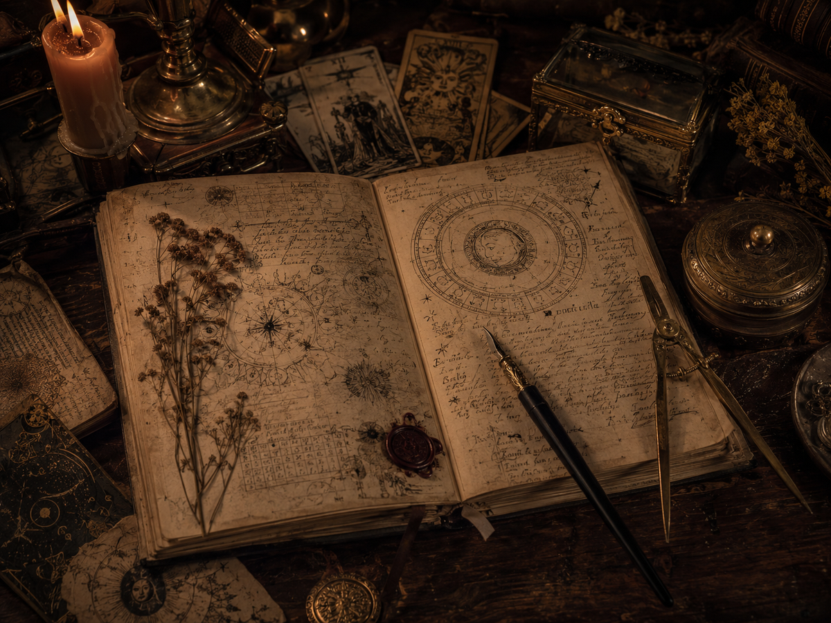 Occult scholar manuscript and tarot desk